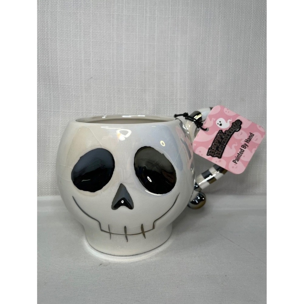 Happy Hauntings Skull Mug Iridescent Hand Painted Striped Handle Halloween NEW